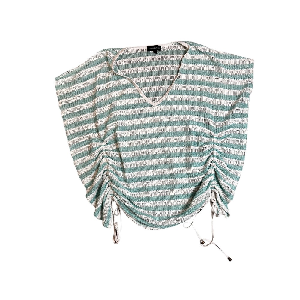 Club Z Collection Teal White‎ Striped Knit Swim Cover Ruched Side Drawstring L